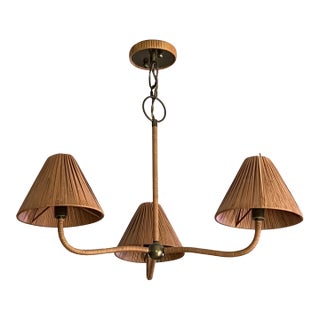 Woven Brand Light "Delphine" Style 3-Arm Rattan and Brass Chandelier For Sale