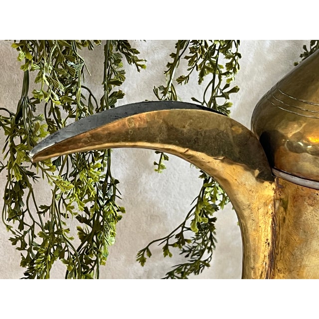 19th Century Large Antique Hand Crafted Arabian Dallah Coffee Urn 16" Middle Eastern Brass Plated Coffee Pot Hinged Lid Hand Woven Leather Handle Worn For Sale - Image 5 of 15