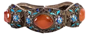 Large 8" Chinese Silver Filigree Bracelet With Carnelian and Enamel, 1930s–40s Export