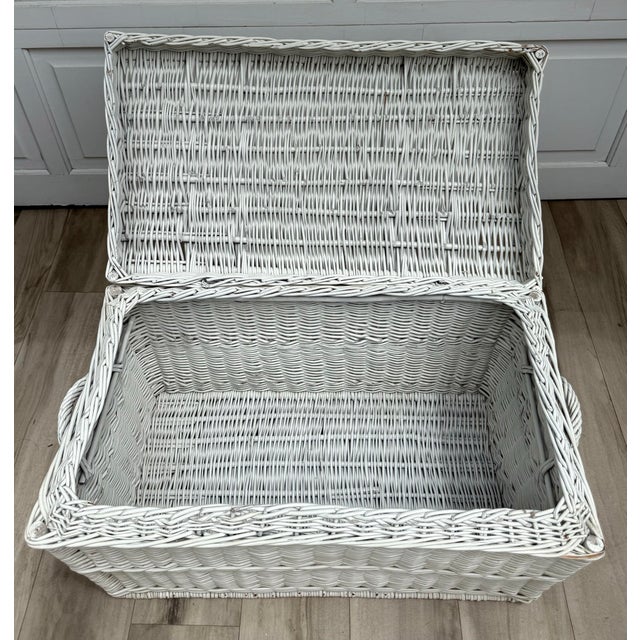 Vintage White Wicker Blanket Chest Coffee Table With Glass Top For Sale - Image 4 of 12