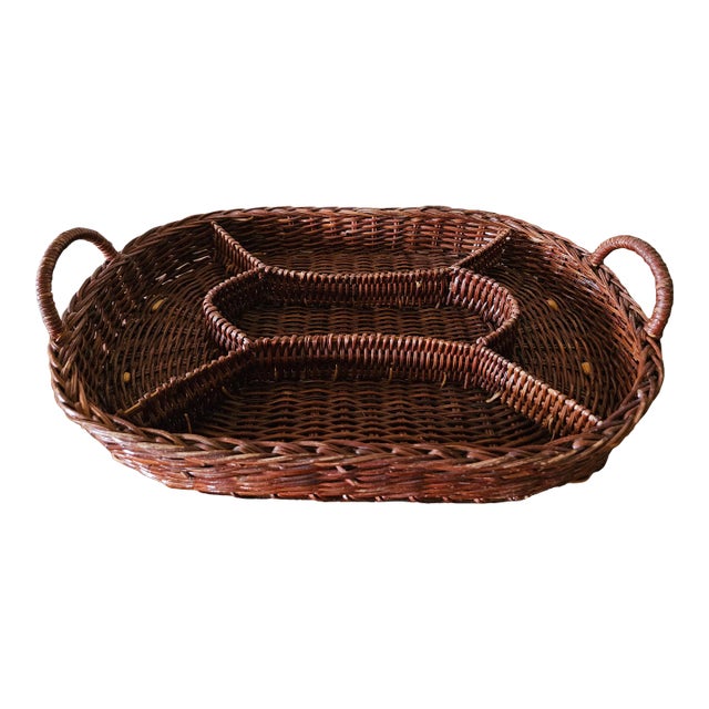 1980s Vintage Divided Wicker Basket For Sale