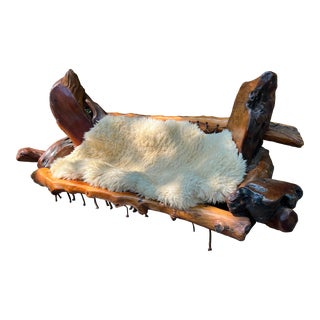 1970s Vintage Artisan Sofa Handcrafted in the Manner of Daryl Stokes Freeform Redwood Slabs and Roots With Real Sheepskin For Sale
