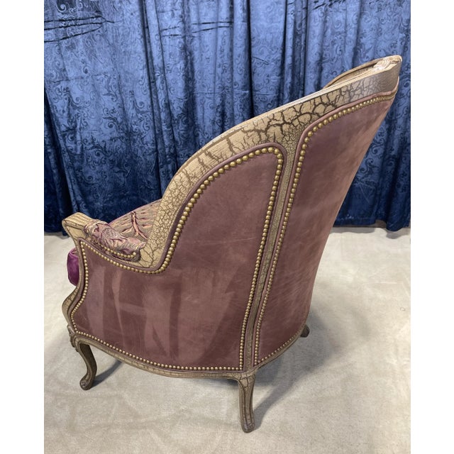 Over-Sized Hancock & Moore French Style Arm Chair With Swede Leather & Damask Fabric For Sale - Image 10 of 13