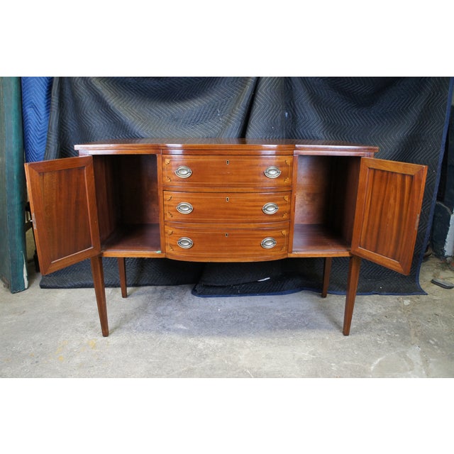 Early 20th Century Antique Sheraton Style Mahogany Inlaid Bow Front Buffet Sideboard Console Cabinet For Sale - Image 4 of 12