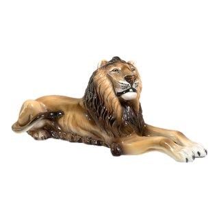 Mid-Century Italian Hand-Painted Ceramic Reclining Lion Sculpture, 20” For Sale