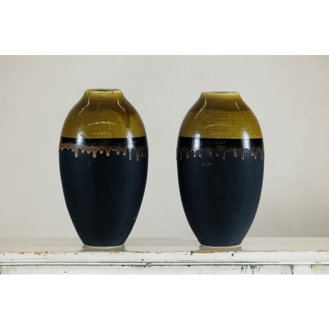 Large Artisan Ceramic Vases with Olive-Taupe and Black Drip Glaze Finish - A Pair For Sale - Image 16 of 18