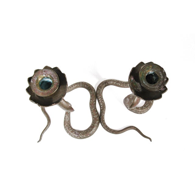 Pair of Vintage Hand-Engraved Brass Cobra Snake Candleholders For Sale - Image 10 of 16
