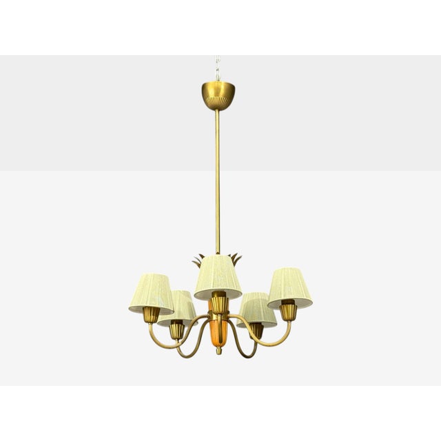 1940s Asea, Swedish Modern, Chandelier, Brass, Elm, Fabric, Sweden, 1947 For Sale - Image 5 of 14