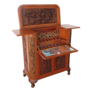 Heavy Hand Carved Solid Wood 1960s Oriental Dry Bar Cabinet 6050 For Sale