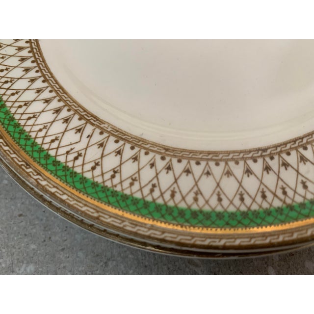Early 20th Century Rare Antique English Bone China J & G Meakin Westminster Pattern, Intricate Green & Gold Band on a Cream Ground- Set of 7 For Sale In San Antonio - Image 6 of 12