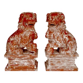 Pair of Antique Chinese Carved Red Wood Foo Dogs - Huge For Sale