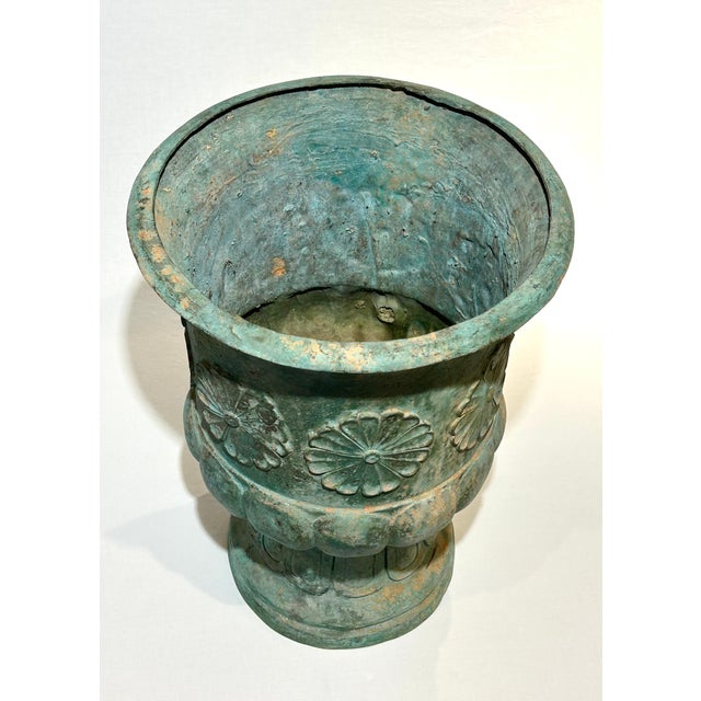 Transitional Large Vintage c.1996 Verdigris Patina Brass Flower Motif Urn For Sale - Image 3 of 5