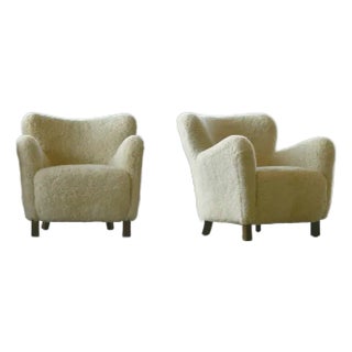 Pair of Custom Made 1940's Style Lounge Chair Upholstered in Beige Sheepskin Shearling For Sale