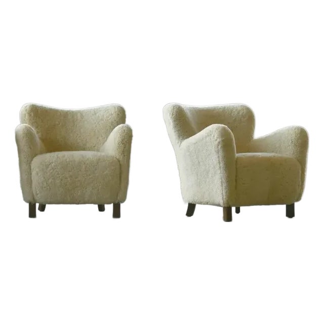 Pair of Custom Made 1940's Style Lounge Chair Upholstered in Beige Sheepskin Shearling For Sale