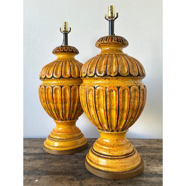 Mid-Century Modern Vintage MCM Monumental Glazed Ceramic Lamps - A Pair For Sale - Image 3 of 12