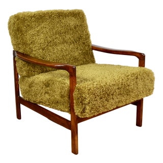 Vintage Wooden Armchair with Khaki Long Hair Upholstery by Z. Bączyk, 1970s For Sale