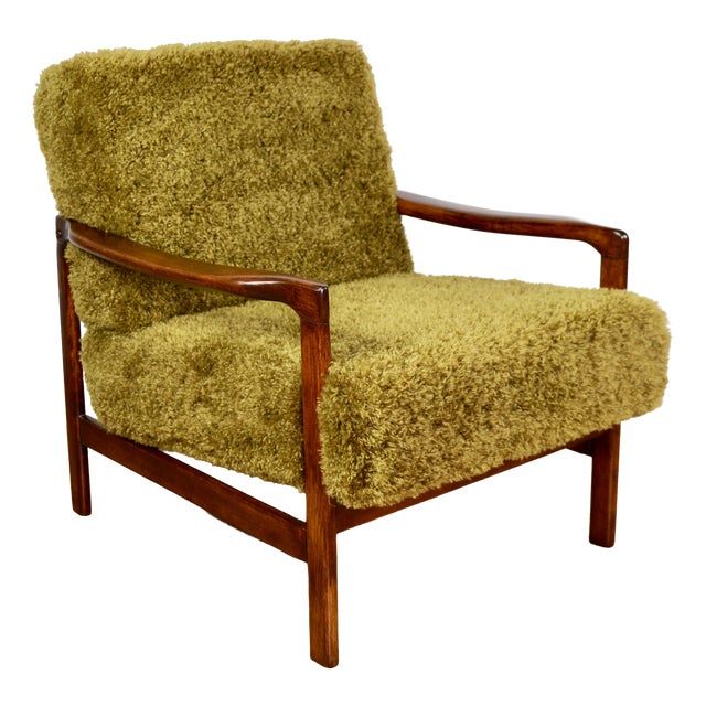Vintage Wooden Armchair with Khaki Long Hair Upholstery by Z. Bączyk, 1970s For Sale