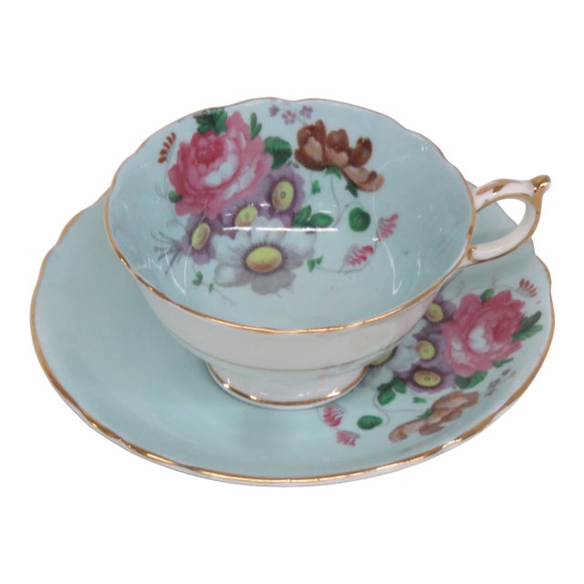 Paragon Teal Blue Floral Bone China Set of Tea Cup and Saucer 4657b For Sale