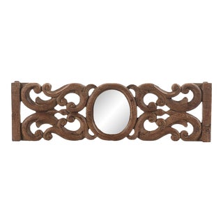 Vintage Lattice Carved Wooden 31” Long Wall Hanging With Mirror Accent For Sale