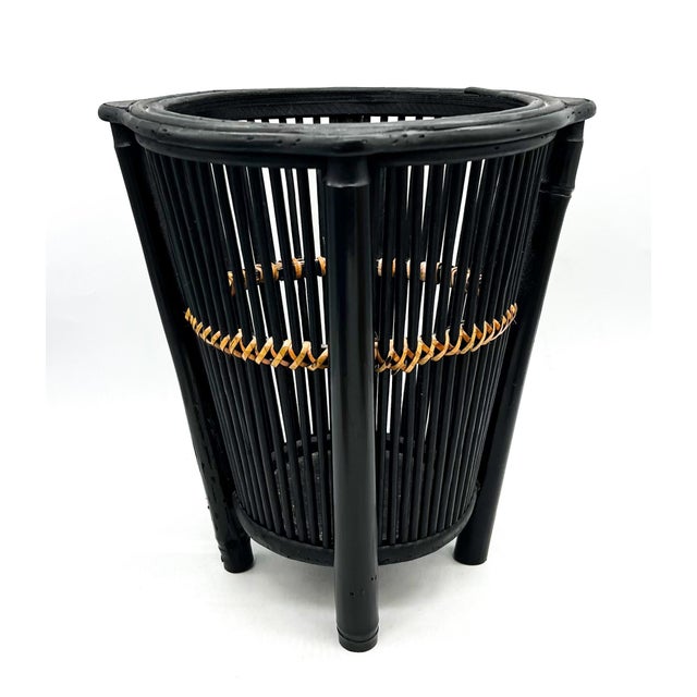 Vintage Black Bamboo & Rattan Wastebasket – British Colonial / Chinoiserie For Sale - Image 10 of 12