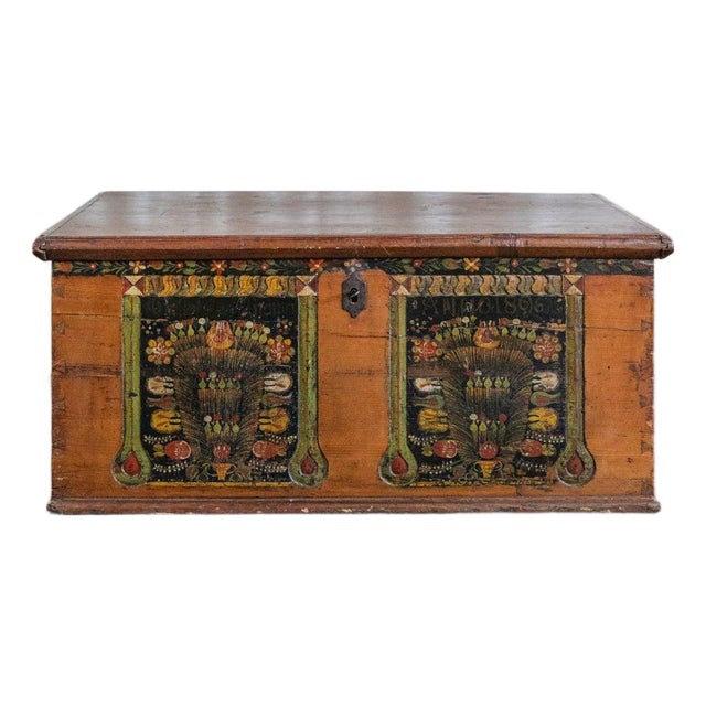 Antique Hand Painted Chest in Warm Ochre, Dated 1896 For Sale