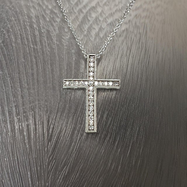2010s Natural Diamond Cross Pendant with Chain 17" 14k W Gold 0.25 CT Certified For Sale - Image 5 of 14