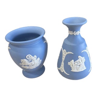 Vintage Wedgewood Jasperware Blue Vases- Set of 2 For Sale