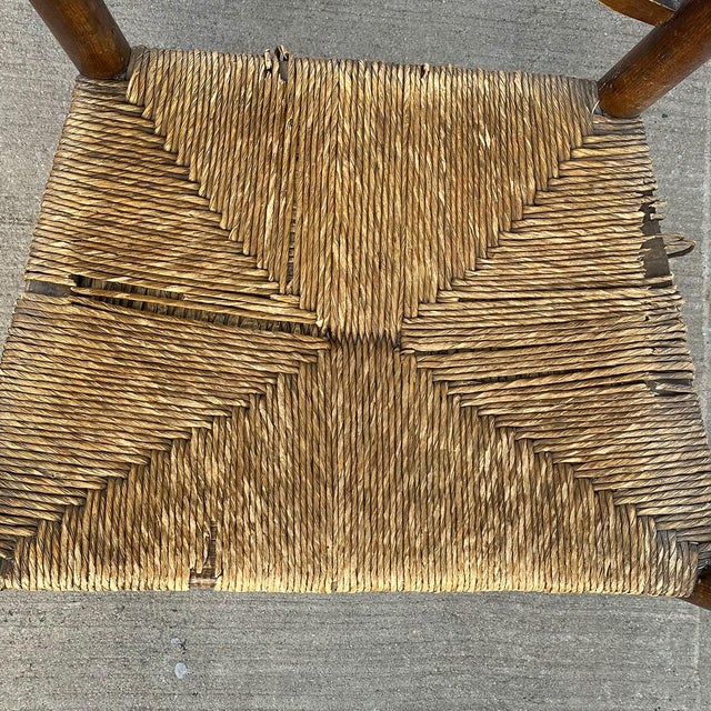 Brown 19th Century English Georgian Oak and Elm Rush Seat Ladderback Carver Armchair For Sale - Image 8 of 9