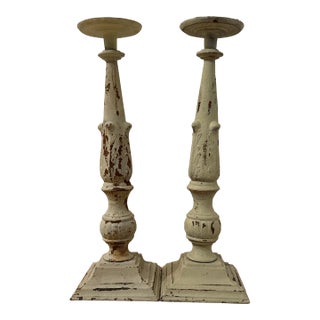 Pair of Vintage Neoclassical Cast Iron Pillar Candlestick Holders For Sale