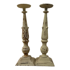 Pair of Vintage Neoclassical Cast Iron Pillar Candlestick Holders