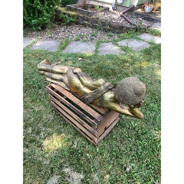 Vintage XLarge Gold Gilt Hand Carved Reclining Buddha Statue For Sale - Image 11 of 11