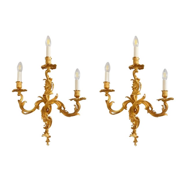 Metal Gilt Bronze Three-Light Wall Sconces by Maison Baguès, Set of 2 For Sale - Image 7 of 7