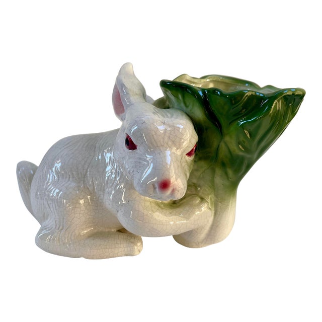 Large Whimsical Vintage Majolica Rabbit and Cabbage Vase Cachepot Sculpture For Sale