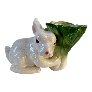 Large Whimsical Vintage Majolica Rabbit and Cabbage Vase Cachepot Sculpture