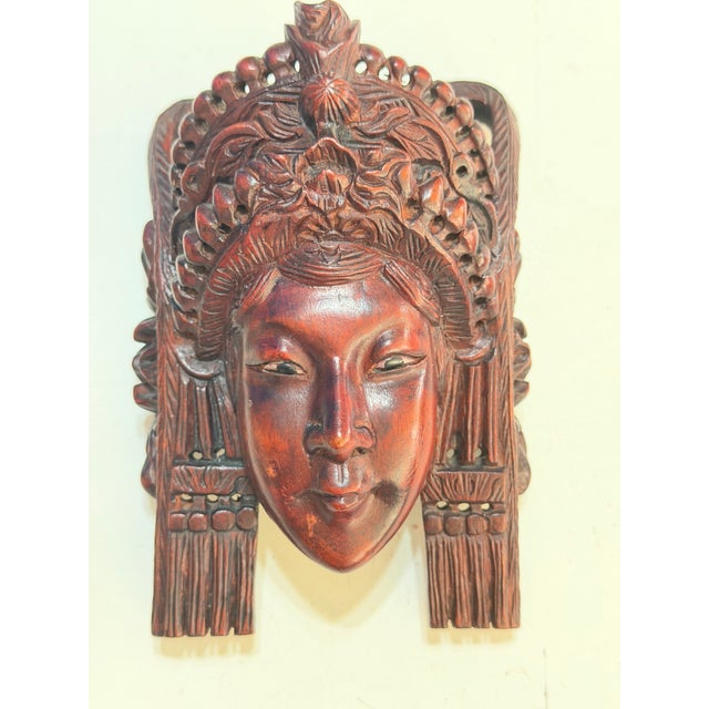 Pair of Vintage Balinese Rama & Sita Hand-Carved Wood Theatrical Wall Masks For Sale - Image 12 of 15