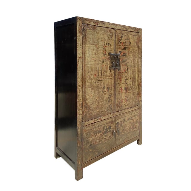 Chinese Chinese Distressed Sorrell Brown Graphic Tv Dressing Storage Cabinet For Sale - Image 3 of 7