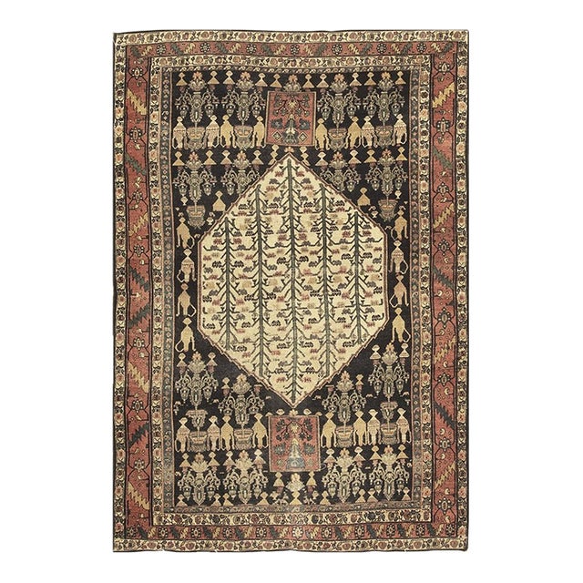 1890s Small Deep Blue Classic Vase Medallion Antique Senneh Knotted Wool Rug For Sale