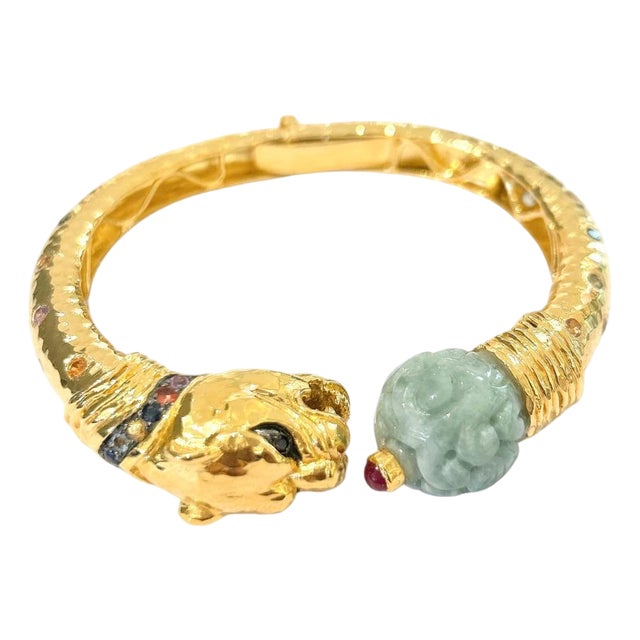 Bochic "Orient" Vintage Ruby, Jade & Multi Sapphire Dragon Bangle Set In 18K Gold For Sale