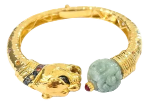 Bochic "Orient" Vintage Ruby, Jade & Multi Sapphire Dragon Bangle Set In 18K Gold