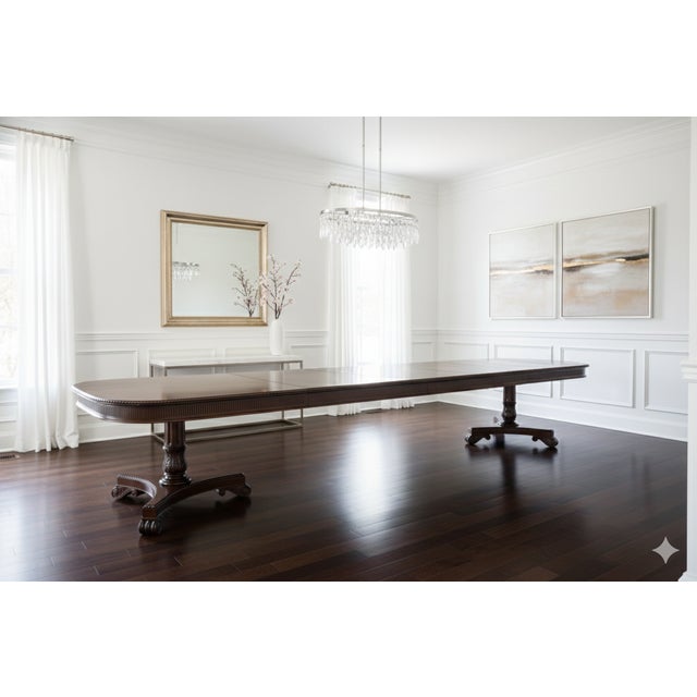 American Empire or Regency-style dining table. Extra wide (54-inch) mahogany dining table with robust carvings and...