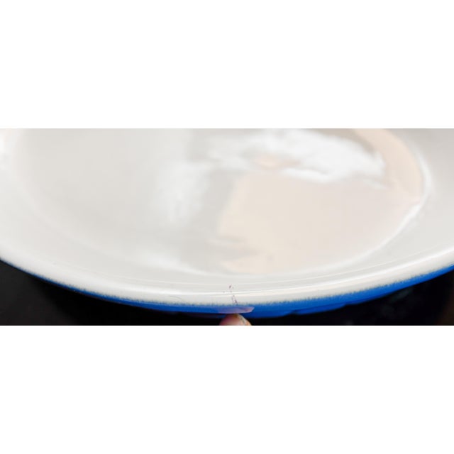 Farmhouse Vintage French Blue & White Oval Ceramic Baking Dish | Embossed Scallop Pattern | 11" Stoneware Baker | French Pottery | Farmhouse Quiche For Sale - Image 3 of 9
