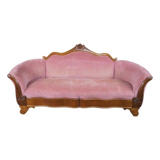Antique Victorian American Empire Serpentine Walnut Pink Camelback Sofa Loveseat For Sale