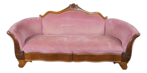 Antique Victorian American Empire Serpentine Walnut Pink Camelback Sofa Loveseat