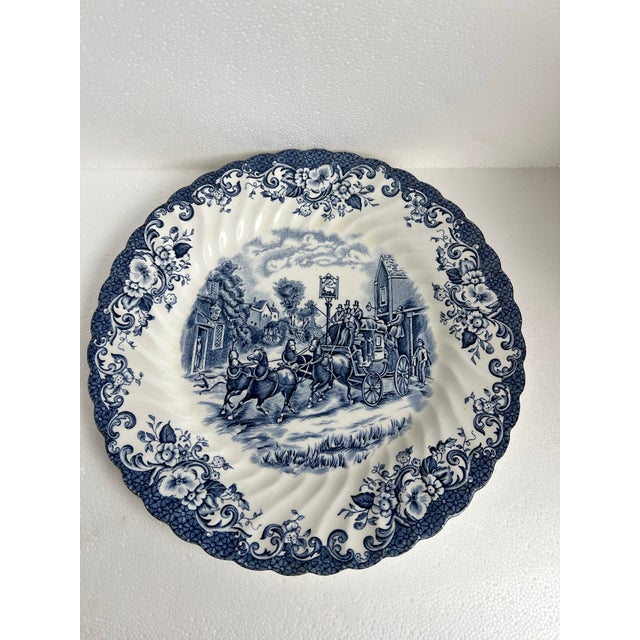 1970s Vintage Johnson Brothers Blue & White "Coaching Scenes" 9.5" Dinner Plates - Set of 2 For Sale - Image 5 of 8