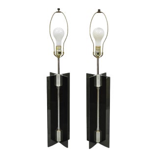 Vintage Mid Century Modern Smoked Lucite X-Base Chrome Table Lamps - A Pair For Sale