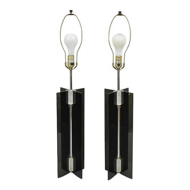 Vintage Mid Century Modern Smoked Lucite X-Base Chrome Table Lamps - A Pair For Sale
