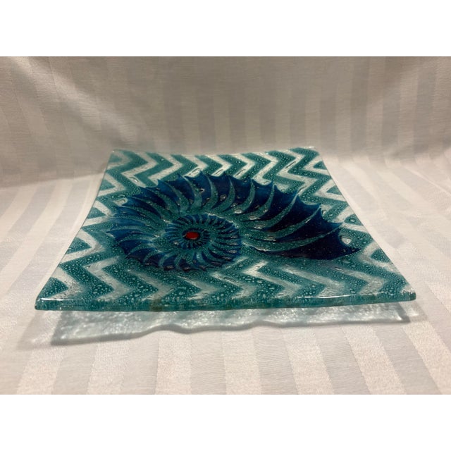 Late 20th Century Late 20th Century Fused Art Glass Decorative Square Bowl With Nautilus Motif For Sale - Image 5 of 8