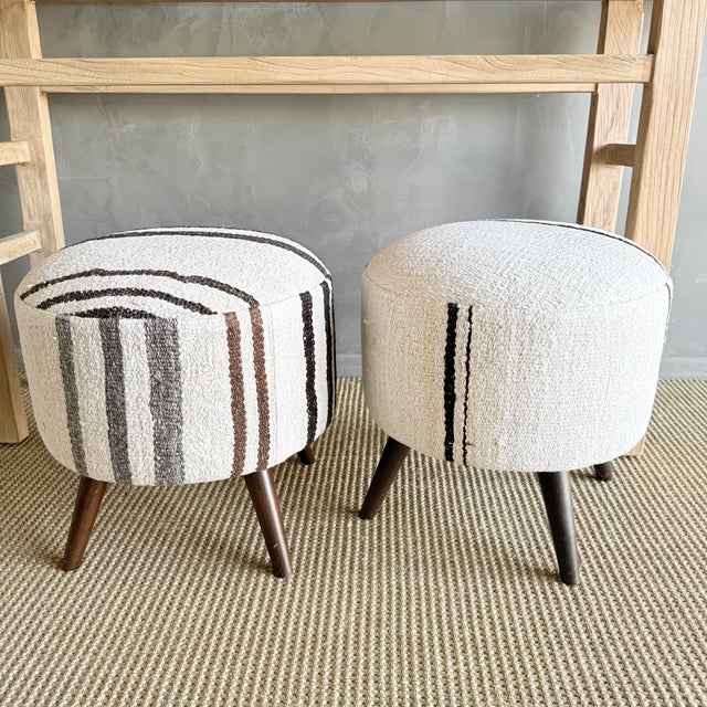Pair of Striped Off-white, Black Ottomans Made From Vintage Turkish Rugs For Sale - Image 4 of 9
