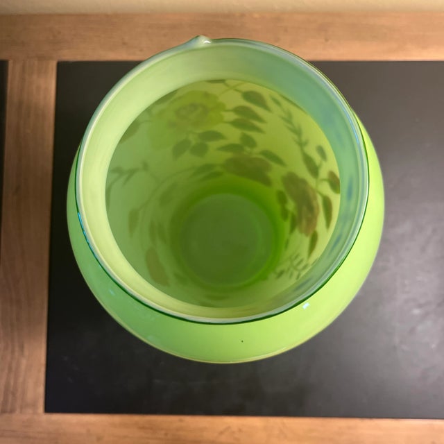 Asian Vintage Lime Green Glass Handpainted Floral Vase For Sale - Image 3 of 5