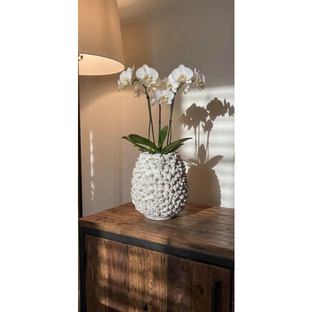 White Vintage Italian Textured Sea Urchin Ceramic Studio Vase For Sale - Image 8 of 12